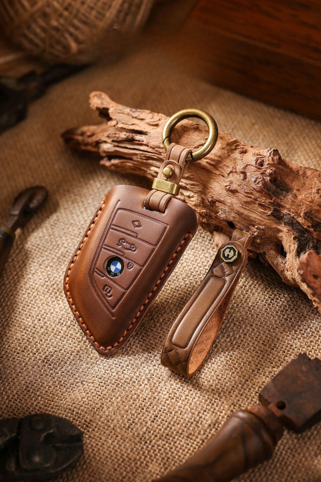 [BMW] Retro key cover for BMW 5 series blade key case leather car key case cowhide new key chain